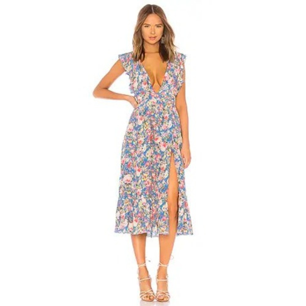 Majorelle Womens Blue Floral Ruffle Wrap Midi Dress Deep V-Neck Size XL Cottage